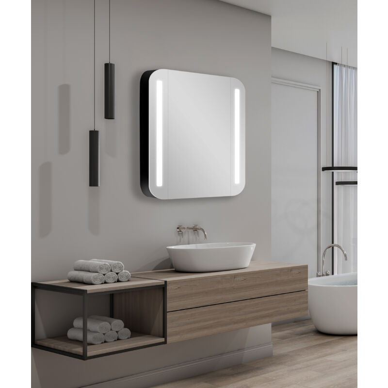 Talos - Armoire de Salle de Bain avec Éclairage Black Grafito 60x70cm - Armoire Miroir avec 2 Tablettes - Aluminium - Fond Miroité