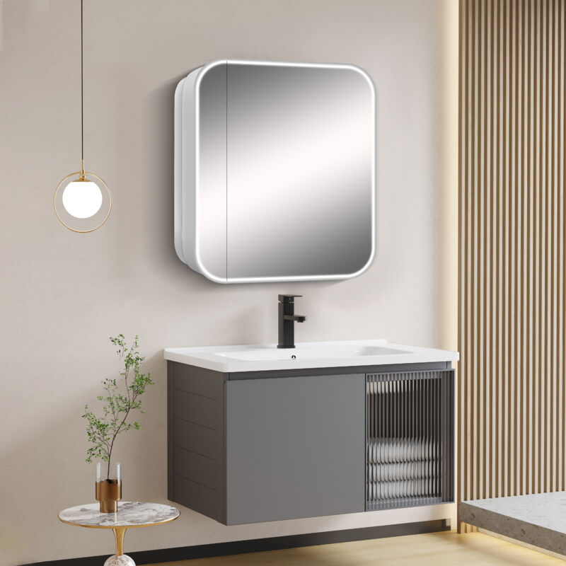 Talos - Armoire Miroir avec Éclairage Silver Grafito 60x70 cm Argent - Armoire de Salle de Bain avec 2 Tablettes - Aluminium - Fond Miroité