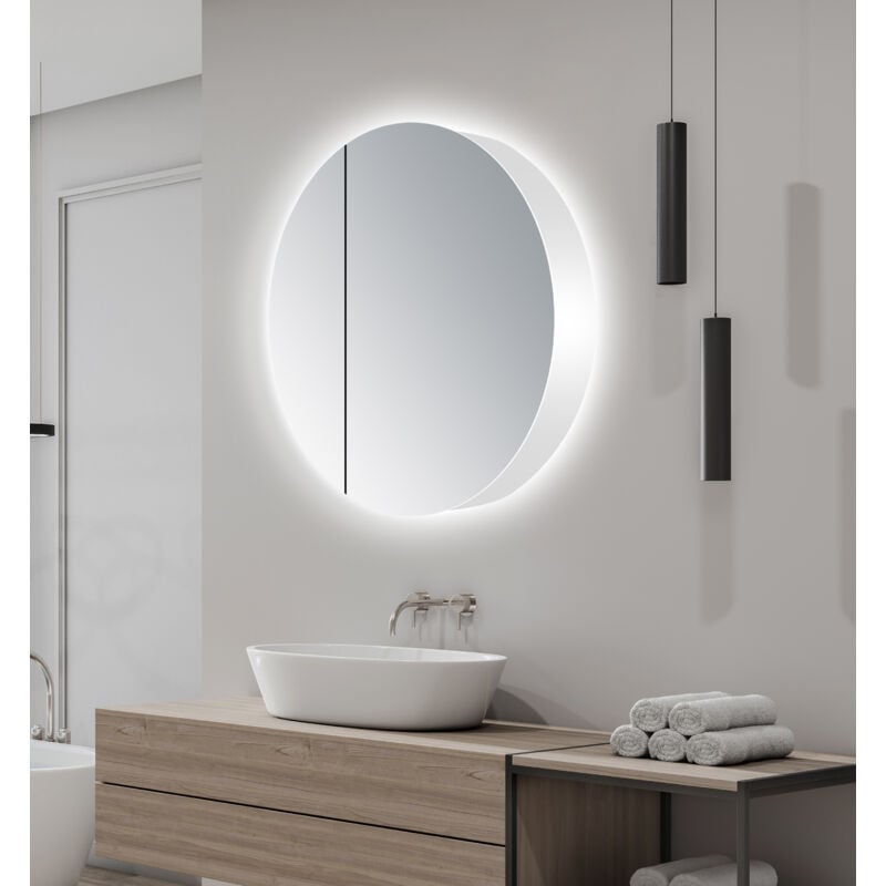 Armoire Miroir avec Éclairage Talos Silver Style Ø80 cm - Armoire de Salle de Bain avec 2 Tablettes - Aluminium - Fond Miroité