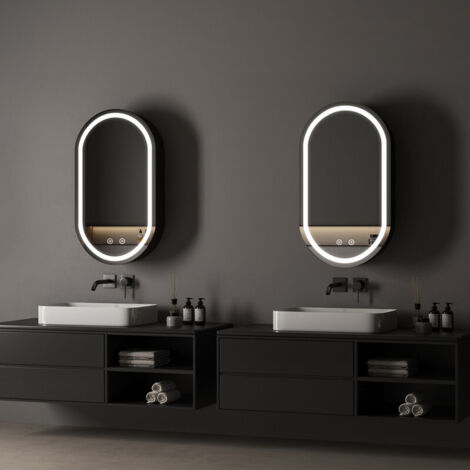 Spiegelschrank Oval mit Beleuchtung 40x70cm Spiegelschrank Bad mit Beleuchtung Badspiegel mit Beleuchtung Badschrank Hängeschränke mit 3 Einstellbare Lichtfarben Beschlagfrei, Schwarz