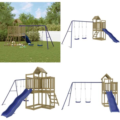 Spielturm Imprägniertes Kiefernholz - Holzspielplatz - Gartenspielplatz - Spielturm - Schaukelset - Wellenrutsche - Home & Living