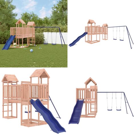 Spielturm Massivholz Douglasie - Holzspielplatz - Gartenspielplatz - Spielturm - Doppel-Schaukelset - Wellenrutsche - Home & Living