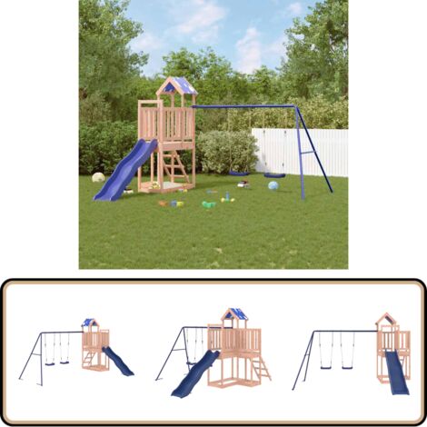 Spielturm Massivholz Douglasie - Holzspielplatz - Spielturm - Kinderspielgeräte - Doppel-Schaukelset - Wellenrutsche