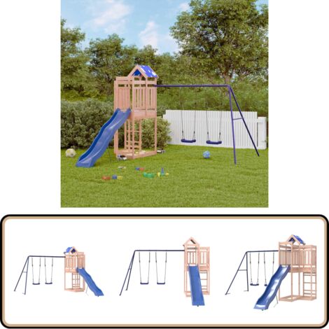 Spielturm Massivholz Douglasie - Holzspielplatz - Spielturm - Kinderspielgeräte - Doppel-Schaukelset - Wellenrutsche