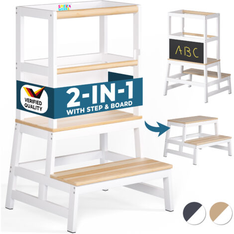 Spielwerk® 2-in-1 Step Stool Toddler Learning Tower Kitchen Helper with Blackboard  Natur weiß (de)