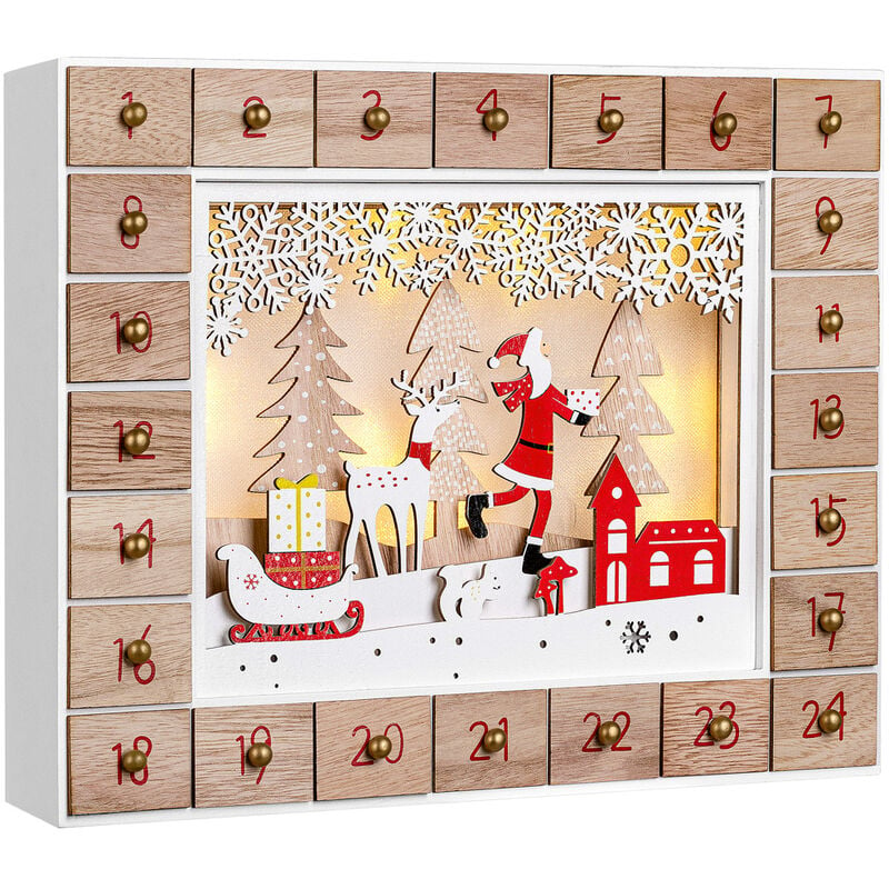 Spielwerk Calendrier de l'Avent à remplir LED blanc chaud 3D fenêtre 24 portes Noël enfants DIY décoration en bois Père-Noel