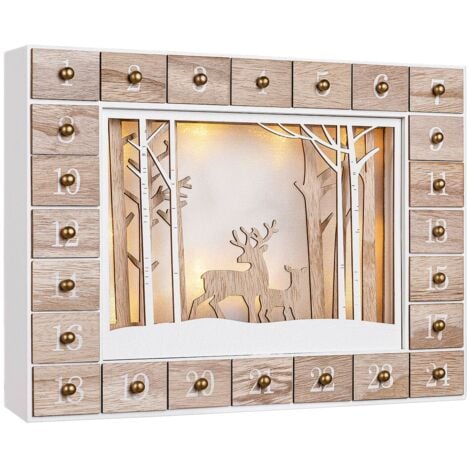 Spielwerk® Adventskalender Holz Selbstbefüllen Wiederverwendbar Nachhaltig LED warmweiß 3D Fenster 24 Türchen Weihnachtskalender Kinder DIY Dekoration  Winterwald