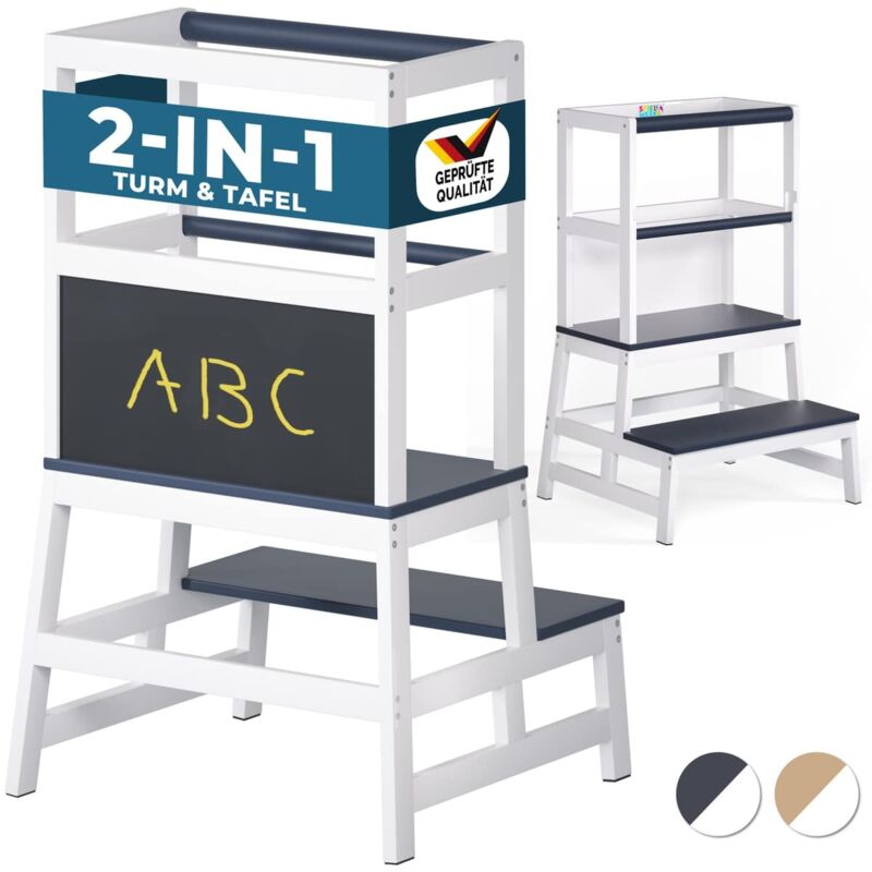 Spielwerk - Lernturm Ab 2 Jahren Kinder Mit Tafel 100kg Belastbar 93cm Hoch Montessori Learning Tower Trittschemel Kiefer Lernstuhl 2in1 Tritthocker