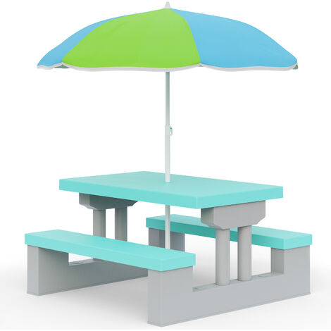 SPIELWERK Salon de jardin pour enfants ensemble 1 table et 2 bancs fixes parasol jouet jeu table terrasse pique-nique -Mint Grau (de)