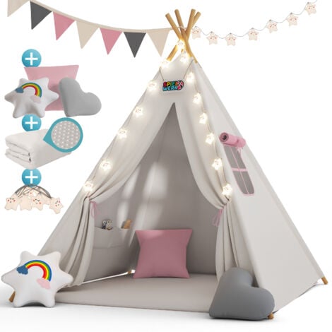 Spielwerk Tenda da Gioco per Bambini Teepee 120x120x160cm Incl. Catena Luci a LED Materassino Morbido da 2,5cm 3 Cuscini in Varie Forme Cotone & Legno con Custodia per Trasporto Rosa