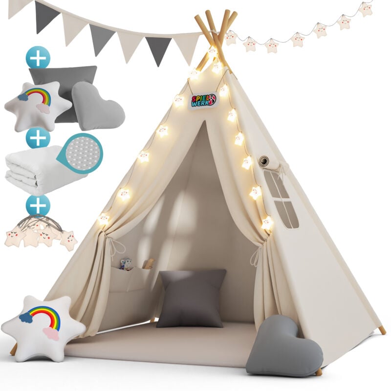 Tipi enfant avec tapis Tente de jeu Enfants Guirlande lumineuse Tapis de jeu 3 coussins Chambre d'enfant 120x120x160 cm Blanc - Spielwerk