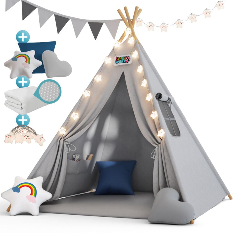 Tipi enfant avec tapis Tente de jeu Enfants Guirlande lumineuse Tapis de jeu 3 coussins Chambre d'enfant 120x120x160 cm Bleu - Spielwerk