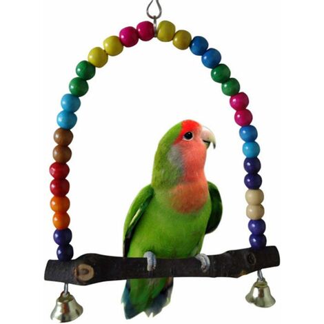 Spielzeug Vogelkäfig Zubehör von Vögeln in Holz, Schaukel Papagei enthält Glocken Holzperlen, Elegant Swing Hollywoodschaukel zum Aufhängen Wellensittich bunt 14 cmx14.3 cm