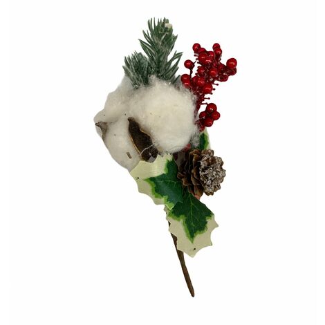 Spillone chiudi pacco 15cm con bacche, cotone e pigne addobbo per Alberi e Ghirlande natalizie