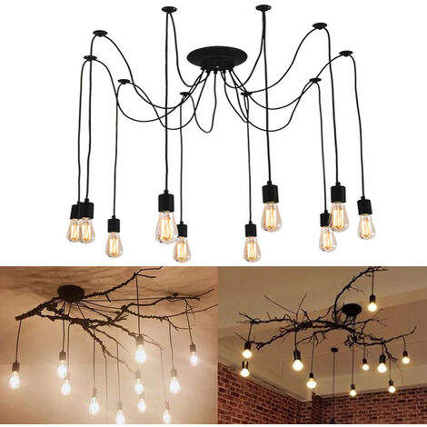 Spinne Pendelleuchte, 10 Flammig Vintage Hängelampe im Industraille Stil, 200cm Kronleuchter Edison E27 Fassung für Loft Schlafzimmer Wohnzimmer Esszimmer (Schwarz)