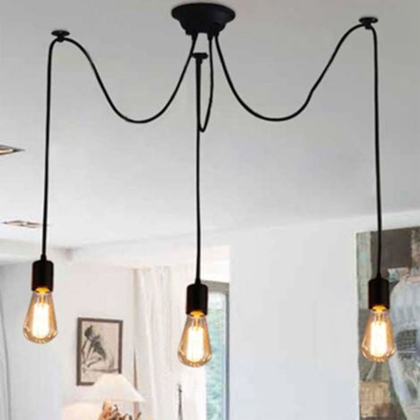 Spinne Pendelleuchte, 3 Flammig Vintage Hängelampe im Industraille Stil, 150cm Kronleuchter Edison E27 Fassung für Loft Schlafzimmer Wohnzimmer Esszimmer (Schwarz)