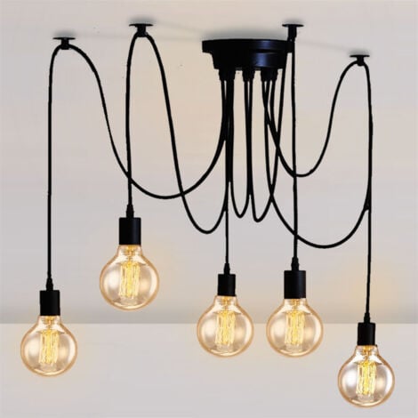 Spinne Pendelleuchte, 5 Flammig Vintage Hängelampe im Industraille Stil, 150cm Kronleuchter Edison E27 Fassung für Loft Schlafzimmer Wohnzimmer Esszimmer (Schwarz)