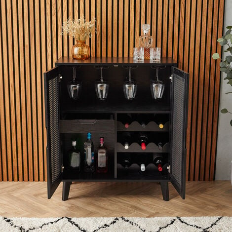 Spinningfield Black Drinks Cabinet - Rattan Wine Cabinet - Wood Effect Bar Cabinet w/ 4 x Wine Glass Rails, Wine Rack, Storage Drawer & Shelf - Buffet Sideboard for Living & Dining Room - Barton Range