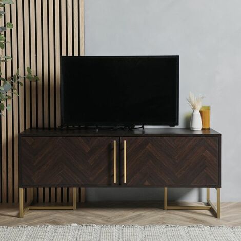 Spinningfield Dark Wood TV Unit, TV Stand, Parquet Wood Pattern, Gold-Plated Accents, 2 Doors 4 Compartments, Modern Design