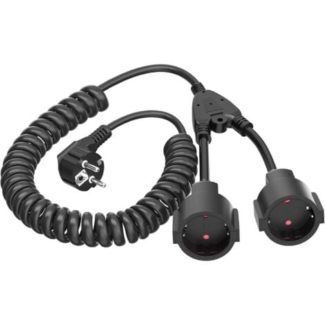 Spiral Extension Cable, 1 to 2 Earthed Sockets Spiral Cable Extendable from 0.9M to 3M Max, IP20 Extension Cable with 2 Sockets, Double Schuko Socket 3 x 1.0 mm² (230V/16 A), Black