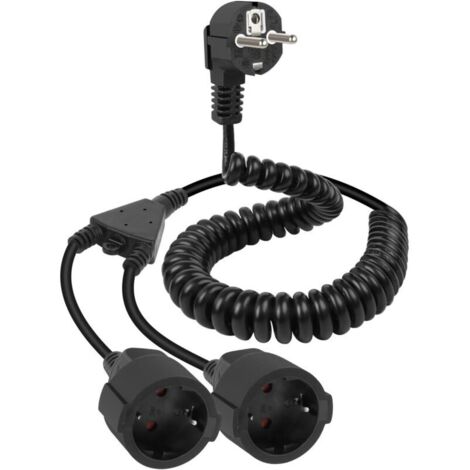 Spiral Extension Cable with 2 Plugs, 16A/250V 90 Degree Plug on 2 Plugs, Protective Contact Spiral Cable, for Outdoor or Indoor Use (1.7M)