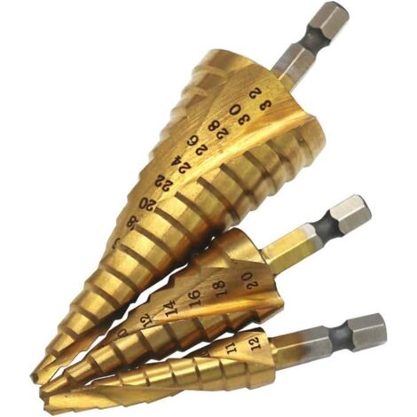 Spiral Groove Step Drill Bit Set, Metric Hexagon Titanium Coated Step Drill Bits for Wood, Metal, Stainless Steel w/ Tool Bag, 3 Pieces