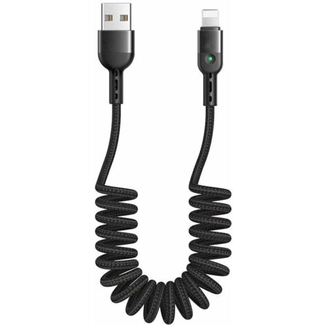 Spiral USB Cable, Retractable Cable, Data Sync, Charging Cable, Spiral Cable, Car Charging Cable, for Phone X XR 8, 7 Extendable up to 1.8m Black