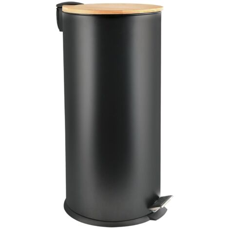 Spirella – Poubelle à pédale 30L en acier noir avec couvercle en bambou – Mécanisme de fermeture lente – Revêtement anti-trace de doigts - MATT 30 L