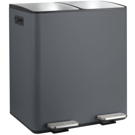 Spirella – Poubelle tri sélectif 40L – 2 compartiments 20L – Acier gris mat – Couvercle soft-close – Seaux amovibles faciles à nettoyer - 2x20L