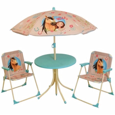 SPIRIT SALON DE JARDIN INCLUANT 1 TABLE RONDE, 2 CHAISES, 1 PARASOL POUR ENFANT