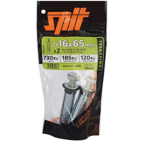 Spit – Lot de 2 goujons d'ancrage 16x65 mm – Acier pour matériaux pleins et creux – Charge jusqu'à 600 kg – Vis TH 10x70 mm incluses