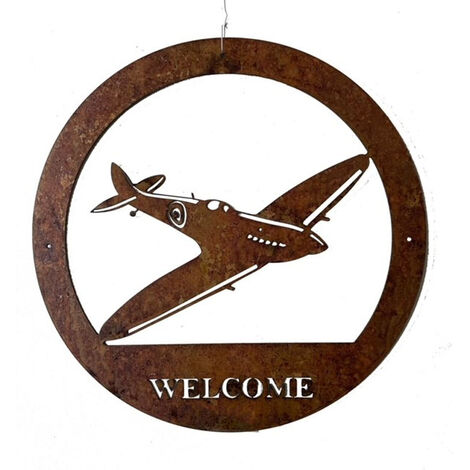 Spitfire Large Wall Art - With Text - Steel - W49.5 x H49.5 cm - Bare Metal/Ready to Rust