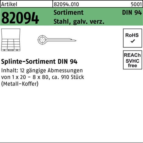 Splintensortiment DIN 94 910tlg. Stahl galvanisch verzinkt