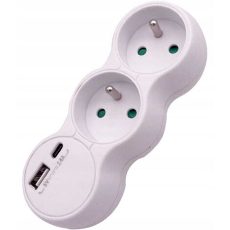 Splitter elettrico con 2 prese 2x2P+Z + USB tipo A e C 2,4A Bianco
