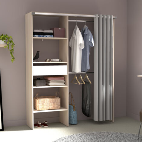 Spogliatoio con tenda, 4 ripiani, 2 armadi e un cassetto in legno e bianco BALI