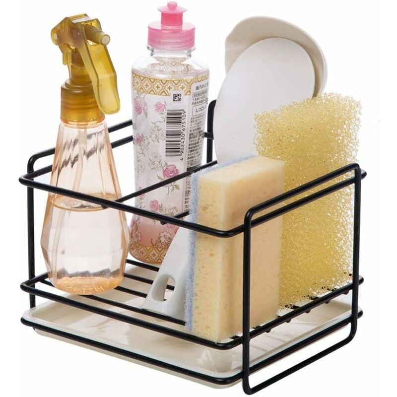 Sponge Holder Kitchen Sink Storage Iron Sponge Holder Basket Utensil Holder Cleaning Cloth and Brushes Dish Soap Holder Soap Holder(Black)