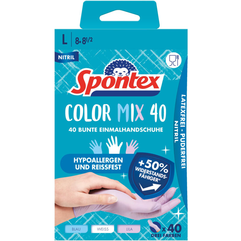 Color mix lot de 40 gants jetables en nitrile sans latex et sans poudre taille l 12979158 - Spontex