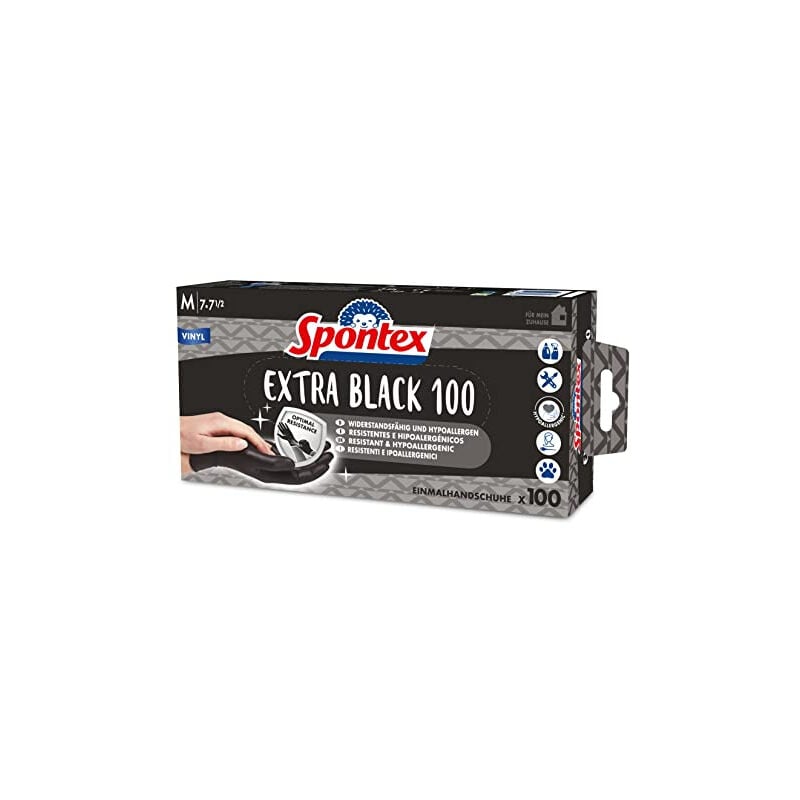 Extra black lot de 100 gants jetables en vinyle, non poudrés et sans latex, polyvalents, dans une boîte distributrice pr - Spontex