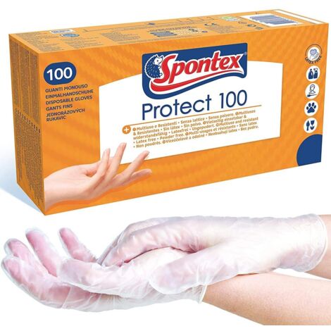 Spontex Guanti Monouso Protect 100, Guanti in Vinile, Ipoallergenici, Senza Polvere e Senza Lattice, Confezione da 100 Pezzi, Taglia M