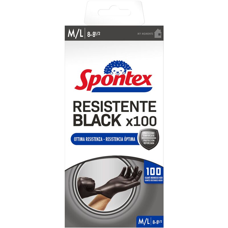 Image of Spontex - Guanti Monouso Nitrile Neri Resistente Black, 100 pezzi, Senza Lattice e Senza Polvere, Multiuso, taglia m/l