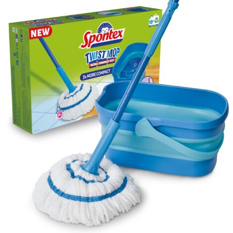 Spontex Sistema Compact Twist Mop e Secchio, Lavapavimenti in Microfibra, Sistema di Strizzatura Integrato, Secchio Pieghevole, 10 l, Pulisce Pavimenti in Laminato, Legno e Piastrelle, Testa Lavabile