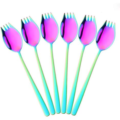 Spork - 6 Pièces - Acier Inoxydable 18/10 - Design Arc en Ciel - Pour Pâtes et Fruits - 21,3 cm