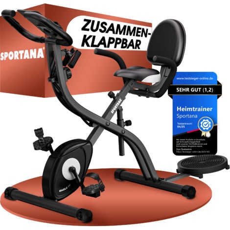 SPORTANA® Heimtrainer Fahrrad Eagle 4 Klappbar 140KG 7 Sitzhöhen Display Trainings APP 2 Fitnessbänder 4in1 Ausdauer Pulsmesser Hometrainer Fitnessbike