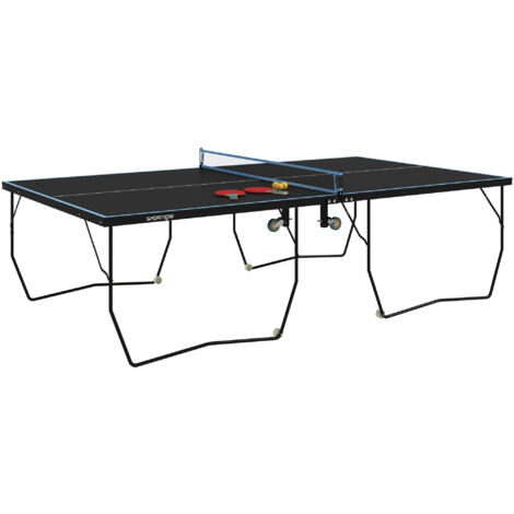 SPORTNOW Tischtennisplatte, Klappbar Tischtennistsich mit Netz, Rollen, 2 Tischtennisschlägern und 3 Bällen, Stahl, Schwarz, 274 x 152,5 x 76 cm