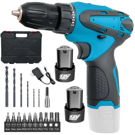 Sports and combination, 12 volt cordless drill, electric screwdriver, cordless drill with 1500mAh battery, 25 torque, maximum 45N. m drill, 17 drills, 2 speeds (1400rpm), LED light, for home and garde