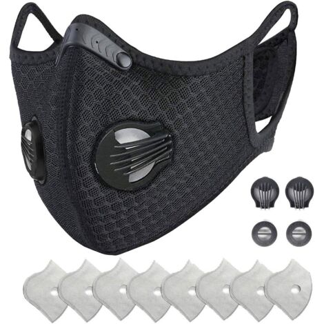 Sports Protective with Activated Carbon Filter and Valves/for Motorcycle Cycling Running Outdoor Activities（1 Black + 8 Additional Filters）