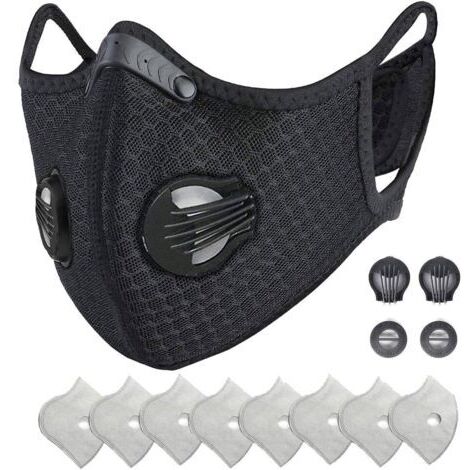 Sports Protective with Activated Carbon Filter and Valves/for Motorcycle Cycling Running Outdoor Activities（1 Black + 8 Additional Filters）