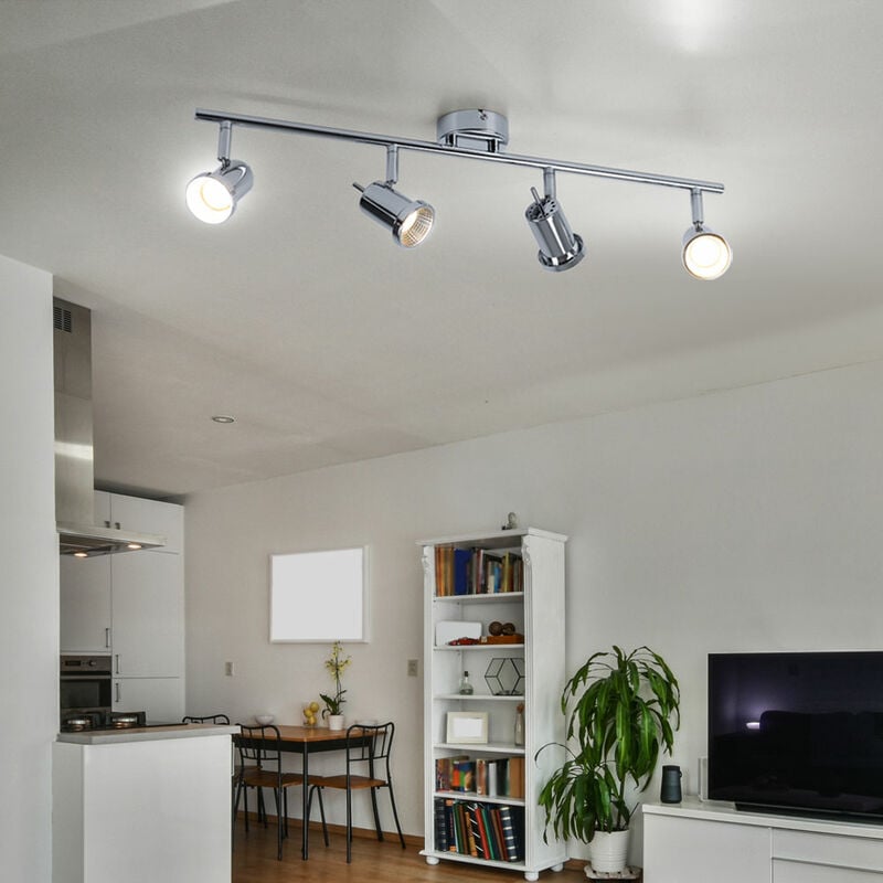 Spot bar 4 spots plafonnier plafonnier led 4 flammes pivotant, chrome, 4x 5W 400Lm 3000K, LxH 63x14 cm