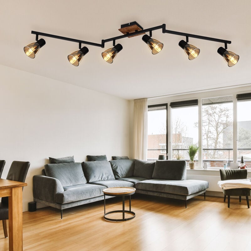 Spot bar, bois, 6 spots, plafonnier, 6 flammes, verre fumé, spot orientable, métal noir, 6x douilles E14, l 117 cm