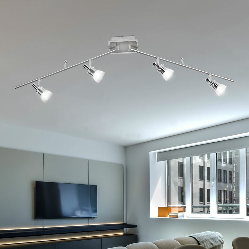 Spot bar plafonnier lampe de salon orientable Plafonnier led argent, bras de lampe mobiles et spots en verre, 4x5W 4x666lm 3000K, LxPxH 128.5x16x20 cm